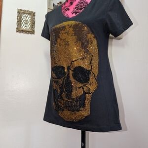 Black T-Shirt with Gold Rhinestone Skull Design